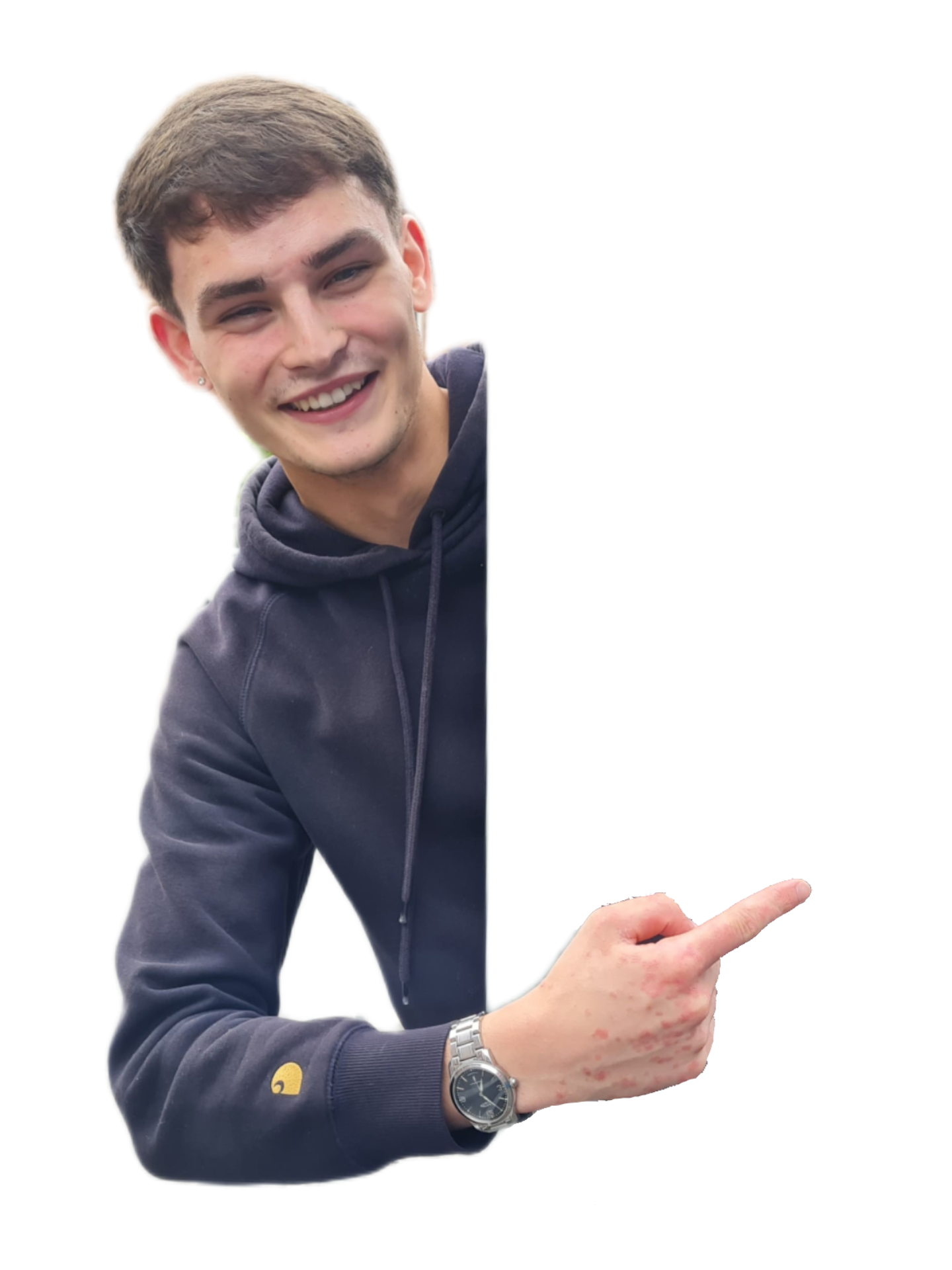 employee pointing at image of shop